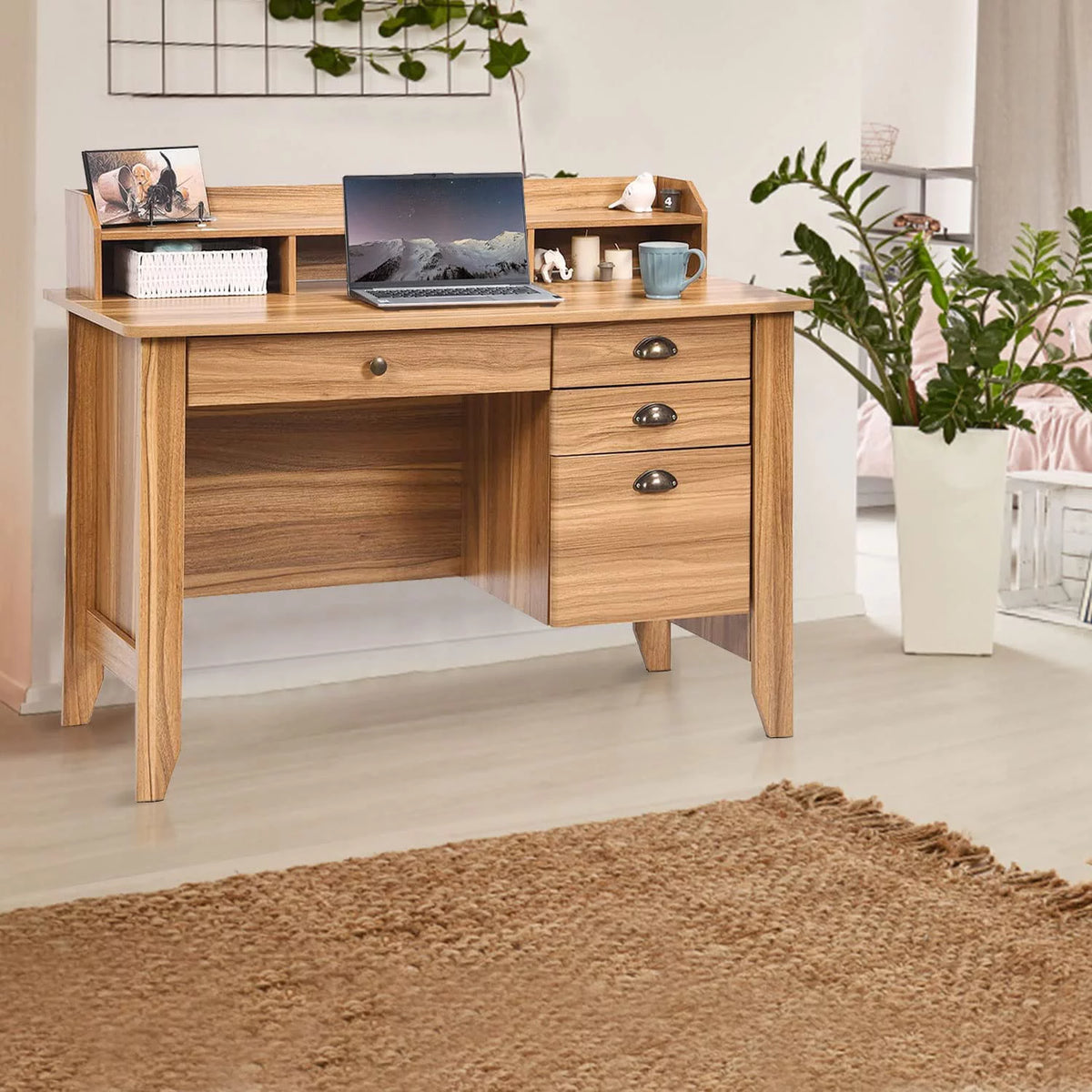 White Oak Computer Desk with Drawers and Hutch Shelf L7422