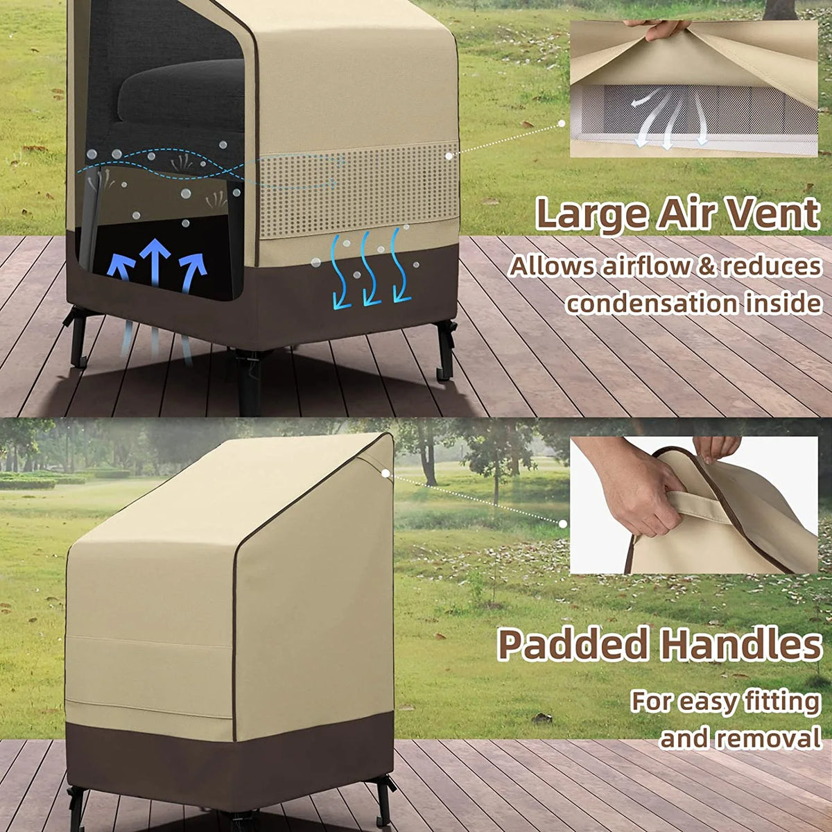 45" Patio Stacked Chair Cover, 600D Oxford Fabric Waterproof with Straps, Large Air Vents, Brown & Khaki S24150