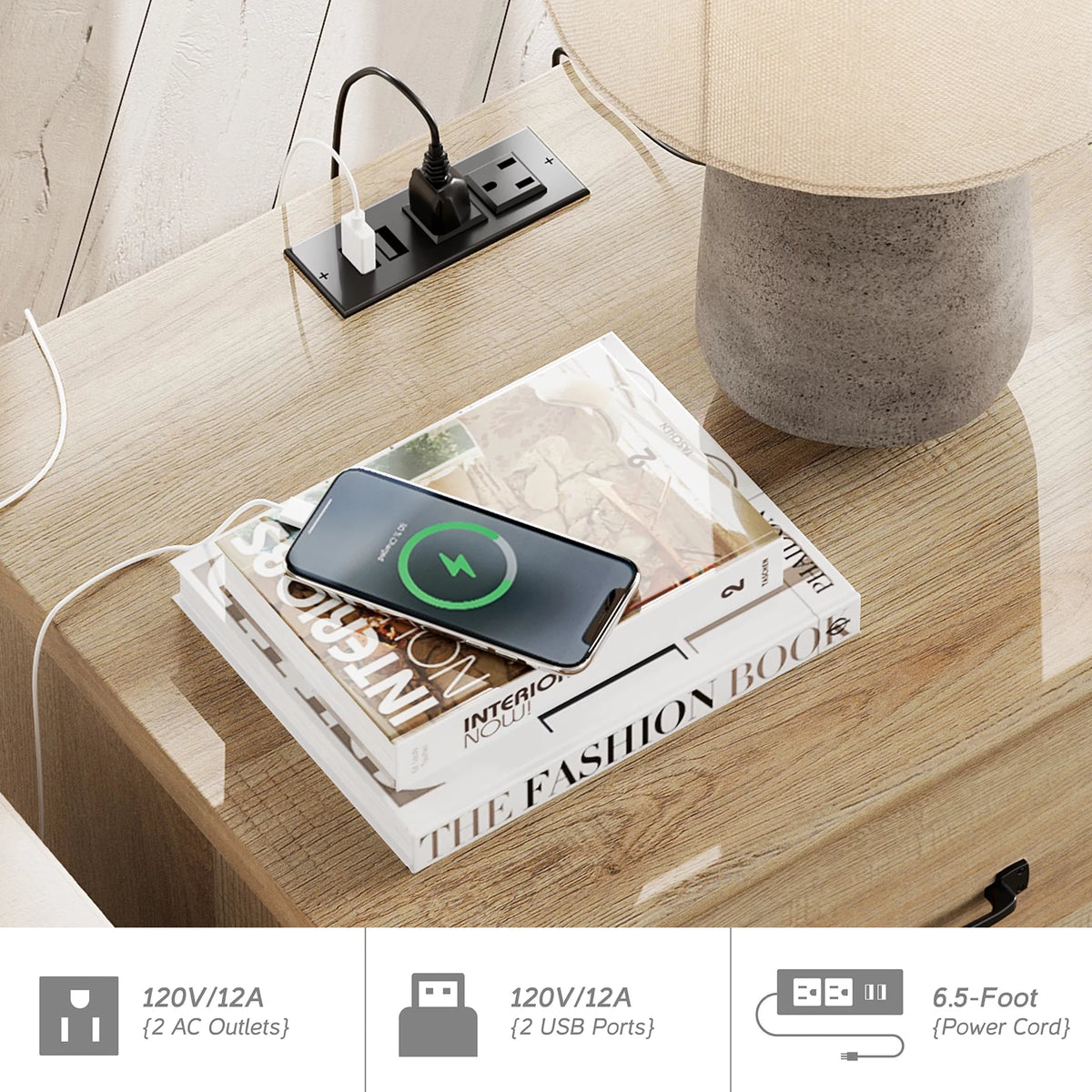 Light Rustic Oak Nightstand with Charging Station and 2 Drawers S651420