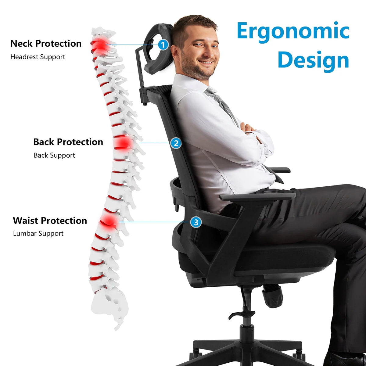 Ergonomic Adjustable High Back Mesh Office Chair with Lumbar Support and Headrest G4938