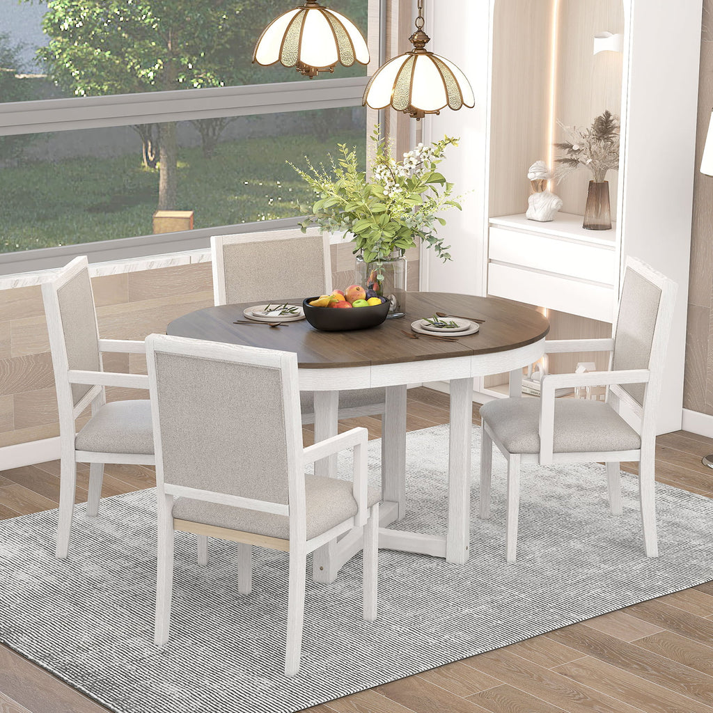 5 Piece Round Extendable Wood Dining Table Set with 4 Upholstered Chairs S4032