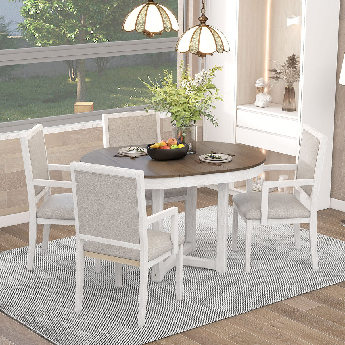5 Piece Round Extendable Wood Dining Table Set with 4 Upholstered Chairs S4032