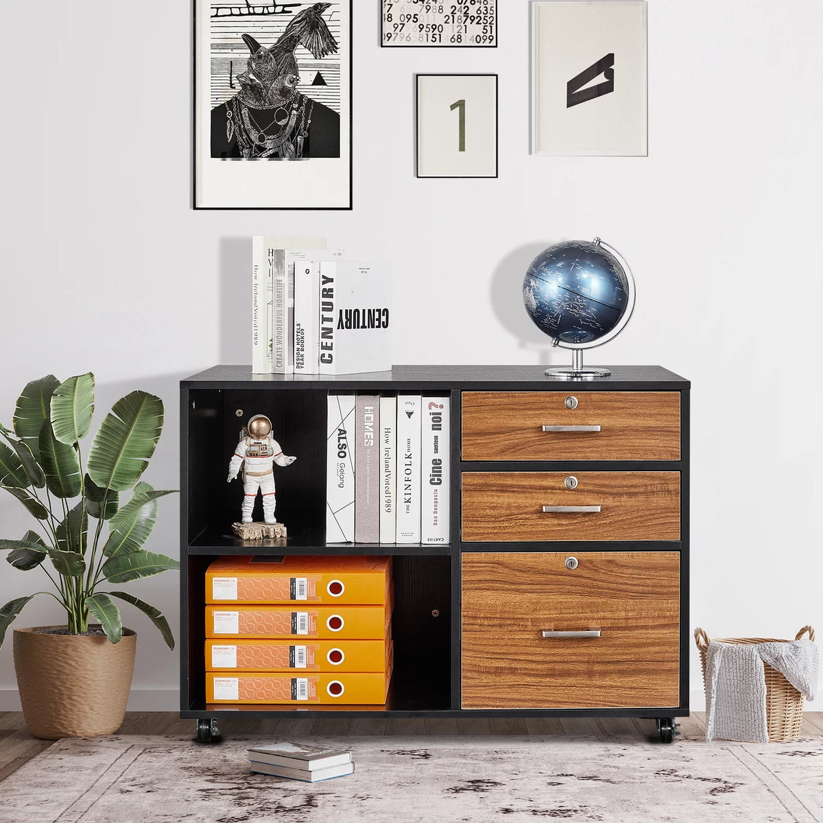 Rolling 3 Drawer Wood File Cabinet with Lock Z3628