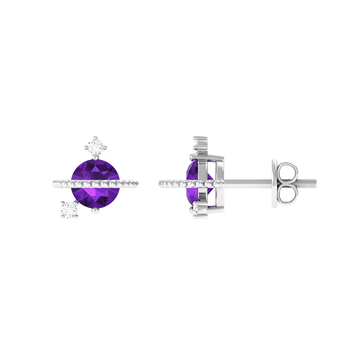 Amethyst Stud Earrings with Diamond, 925 Sterling Silver S259