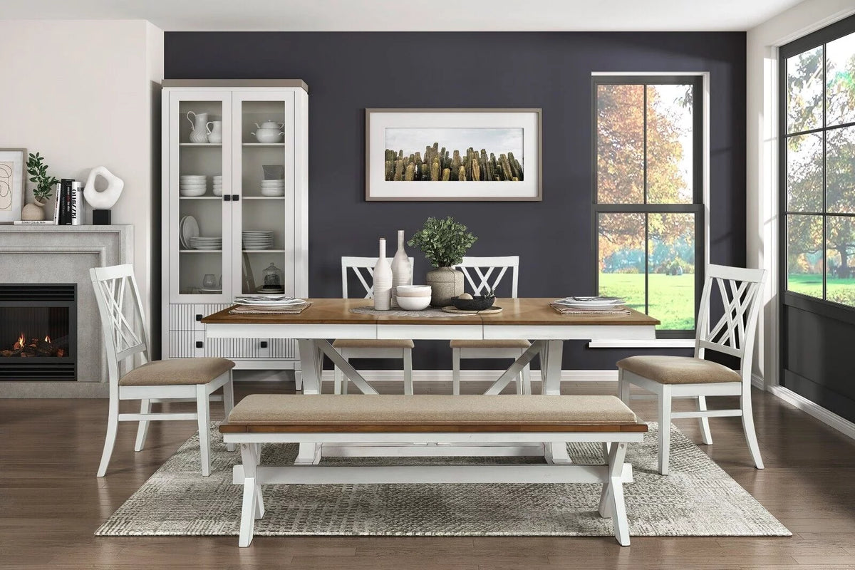 White and Oak 6pc Dining Set with Extension Leaf Bench and 4 Side Chairs C55979