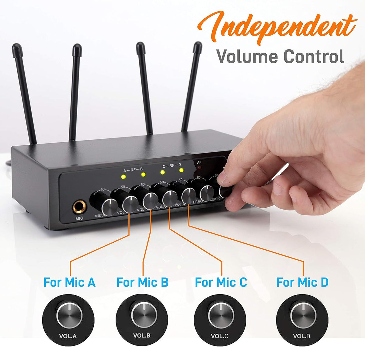 Portable UHF Wireless Microphone System, Battery Operated Four Bluetooth Cordless Microphone Set with Receiver Base C1110
