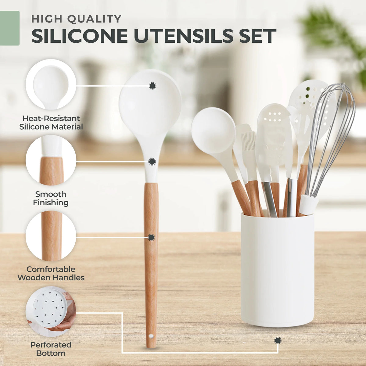 White 11 Pc Silicone Kitchen Utensils Set with Holder X32238