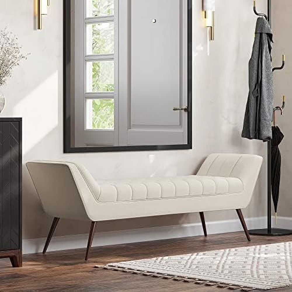 Grey Linen Fabric Ottoman Bench with Wood Legs V6571