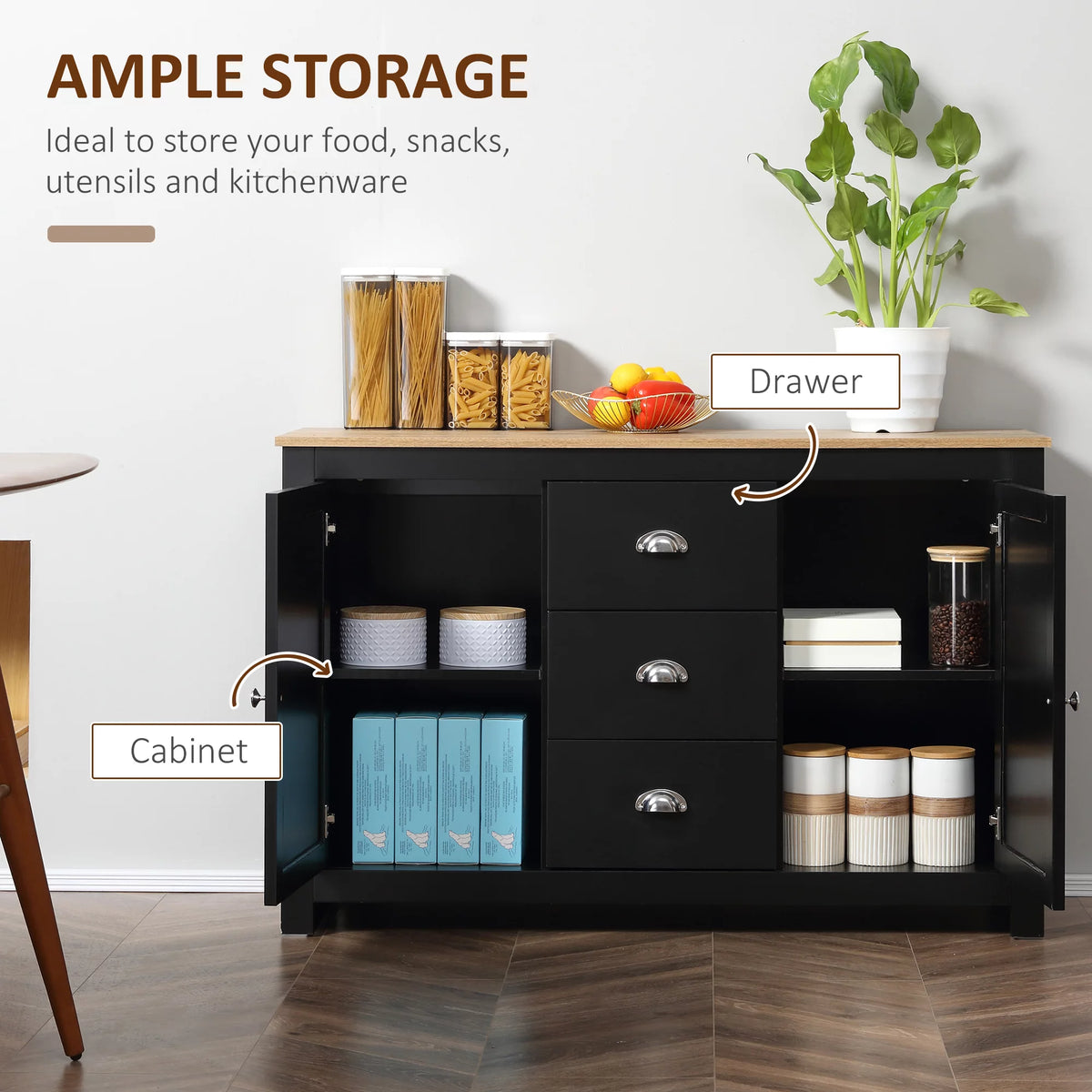 Black Kitchen Sideboard with 3 Drawers P385579