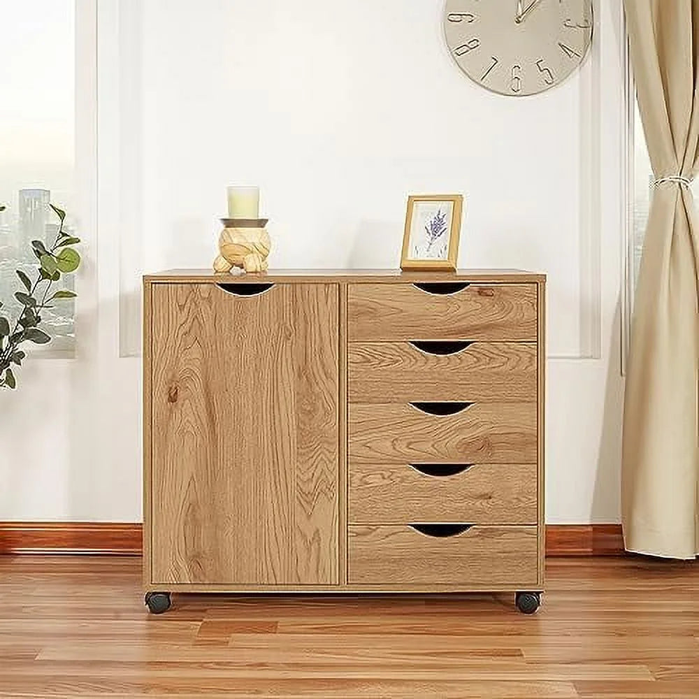 5 Drawer Wood Dresser Cabinet with Wheels D965