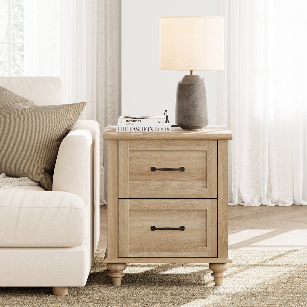 Light Rustic Oak Nightstand with Charging Station and 2 Drawers S651420
