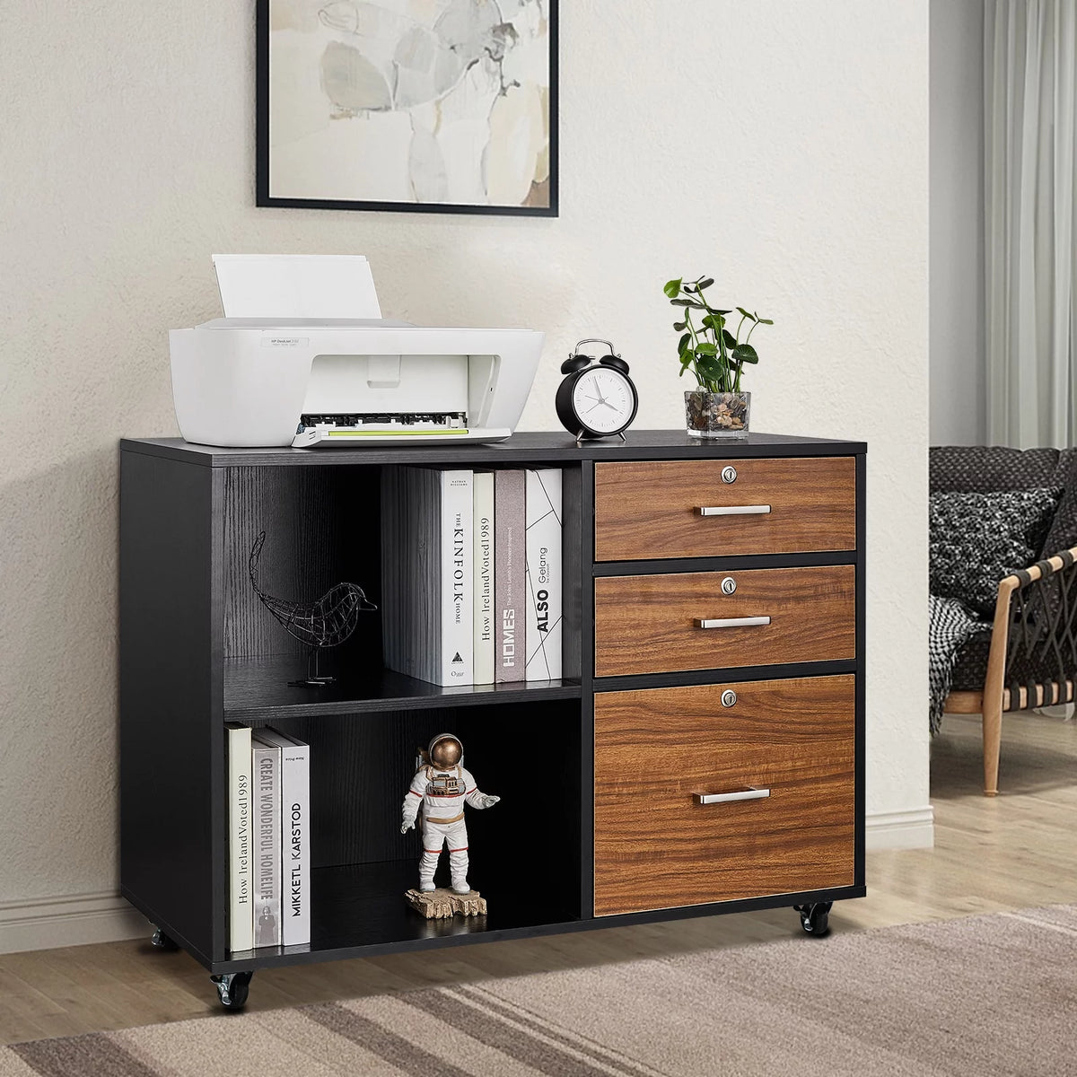 Rolling 3 Drawer Wood File Cabinet with Lock Z3628