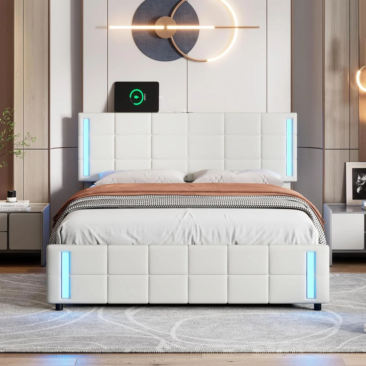 Queen Size Upholstered Platform Bed Frame with LED Lights and 4 Drawers White K82664
