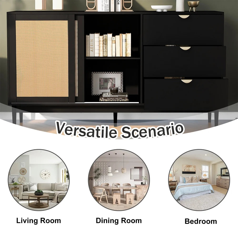 Black 3 Drawer Rattan Accent Cabinet D14014