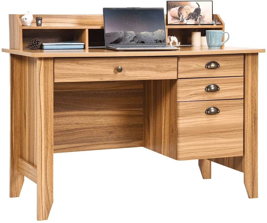 White Oak Computer Desk with Drawers and Hutch Shelf L7422