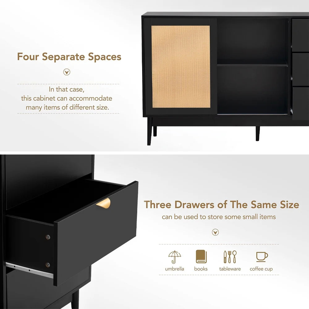 Black 3 Drawer Rattan Accent Cabinet D14014