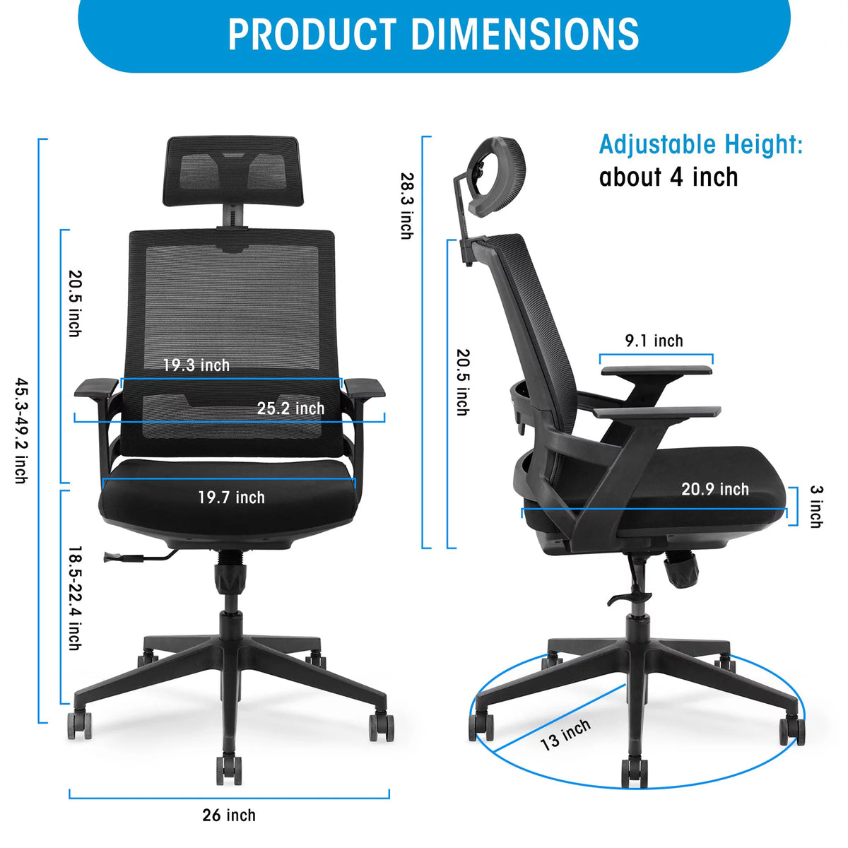 Ergonomic Adjustable High Back Mesh Office Chair with Lumbar Support and Headrest G4938