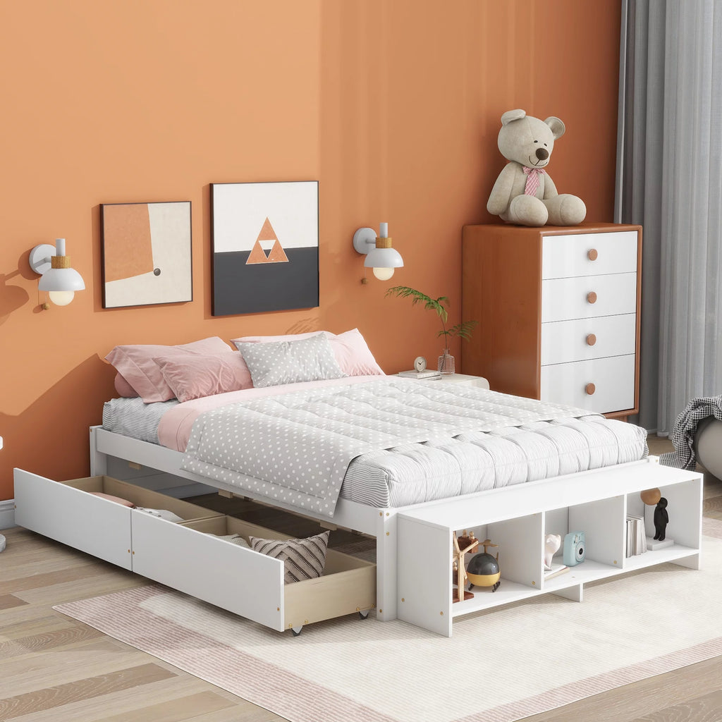 White Full Size Platform Bed with Storage Shelves and Drawer Z247