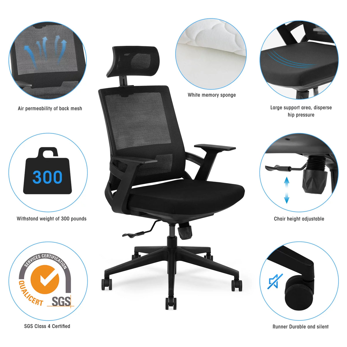 Ergonomic Adjustable High Back Mesh Office Chair with Lumbar Support and Headrest G4938