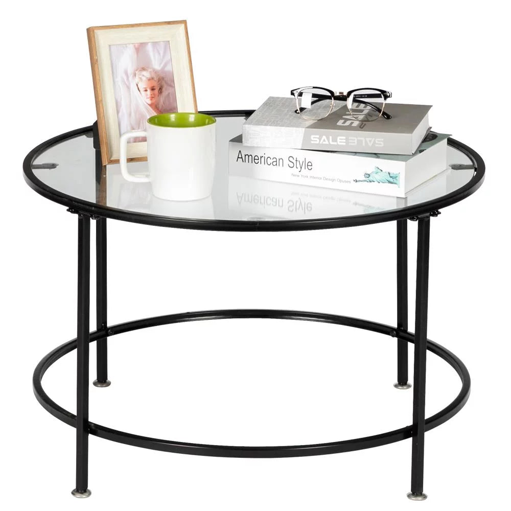 26" Round Glass Coffee Table with Black Iron Frame S4440