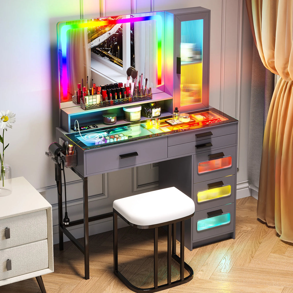 Grey Vanity Desk with Mirror and 6 Drawers X85747