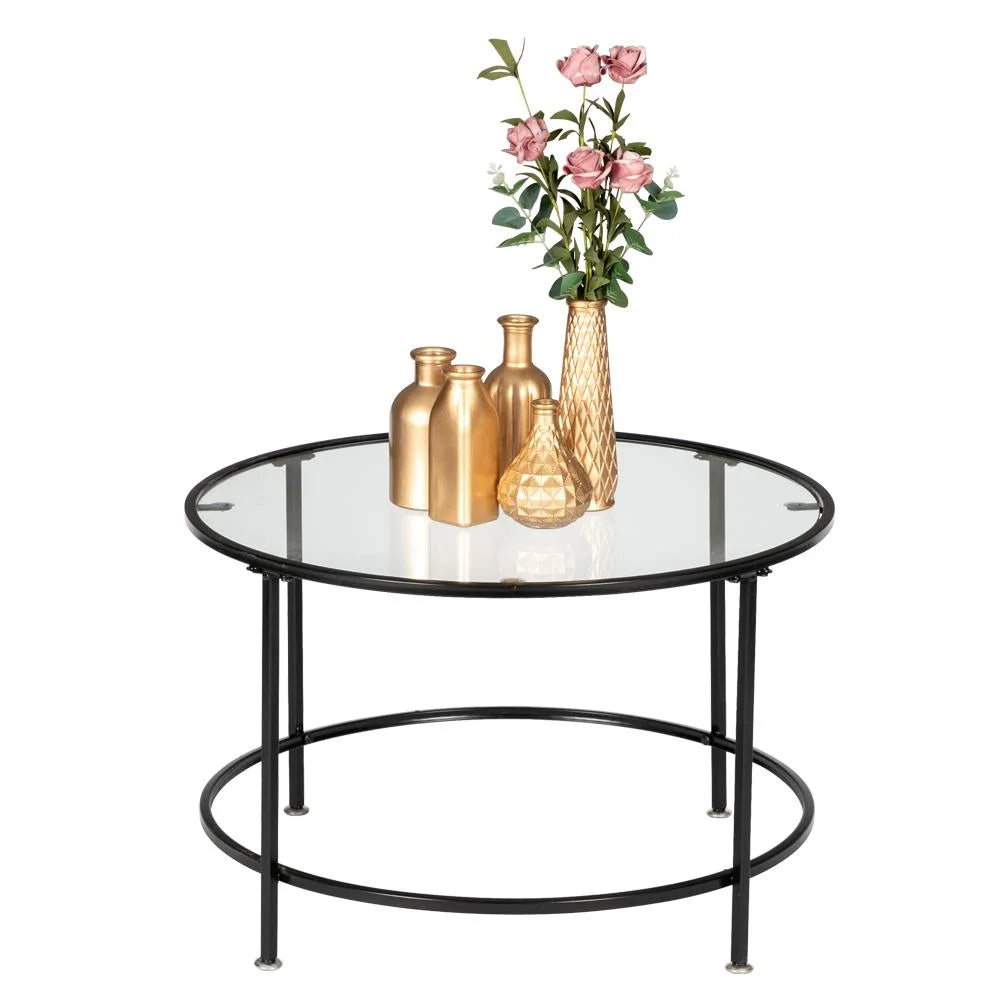 26" Round Glass Coffee Table with Black Iron Frame S4440