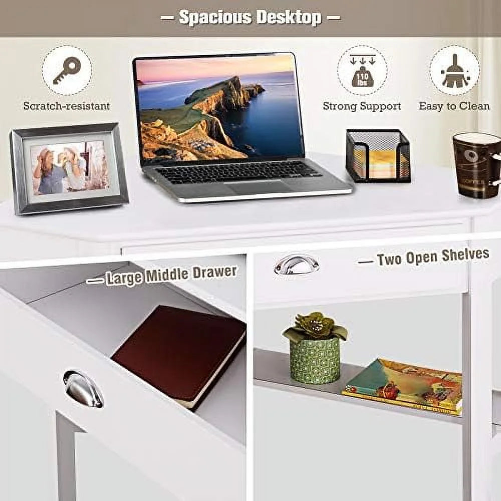 White Corner Desk with Drawer Shelves X420919