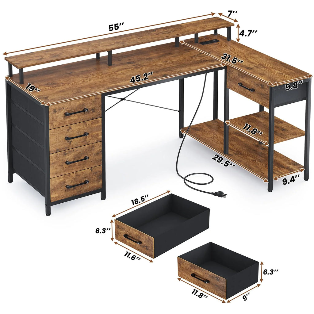 L Shaped Desk with LED Lights and Power Outlets G4478
