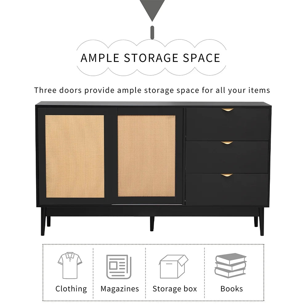 Black 3 Drawer Rattan Accent Cabinet D14014