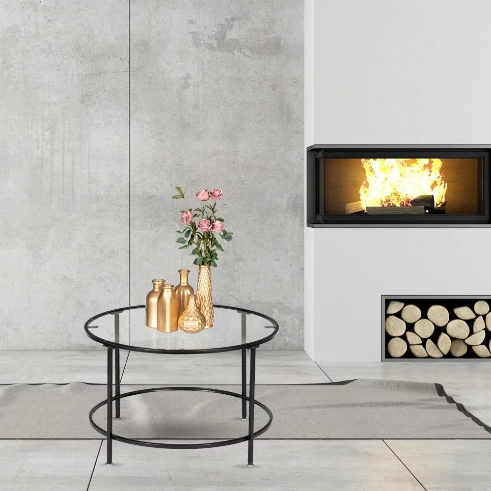 26" Round Glass Coffee Table with Black Iron Frame S4440