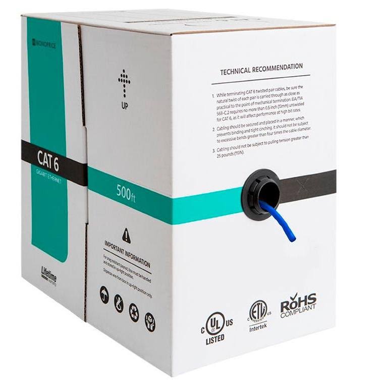 Cat6 Ethernet Bulk Cable 500ft Blue Solid UTP 23AWG H30233