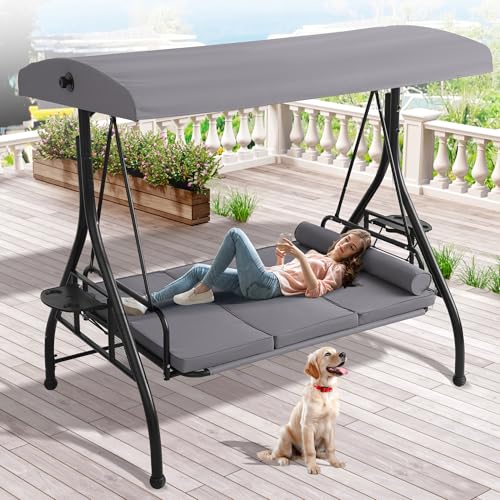 3 Person Outdoor Porch Swing with Canopy and Stand Z250634
