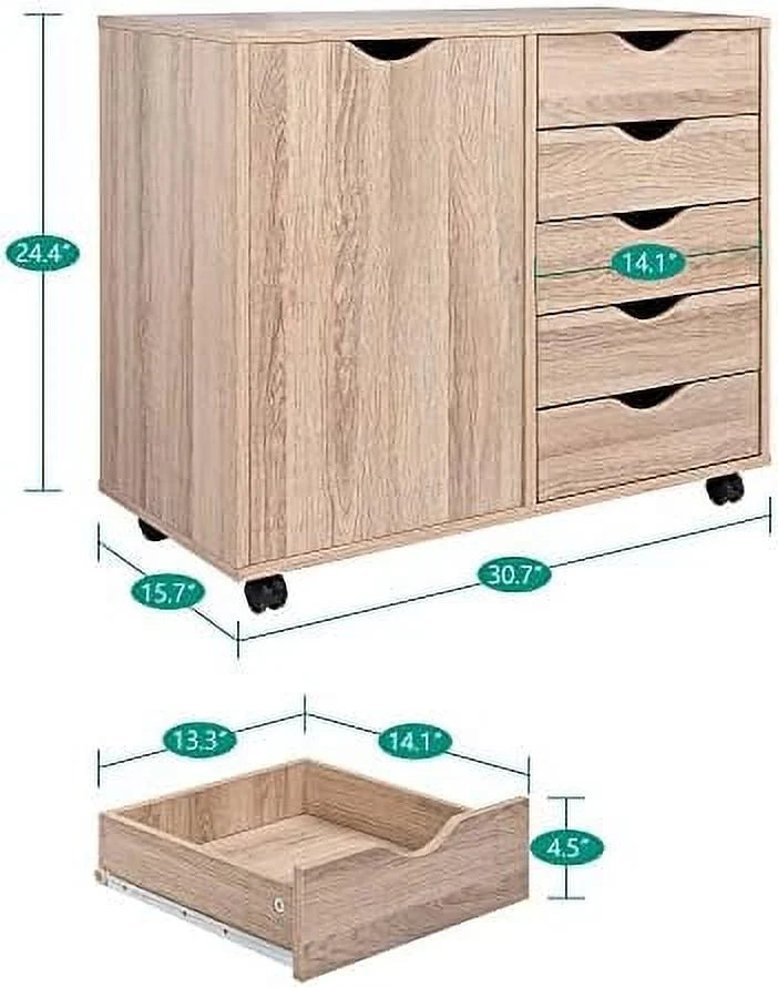 5 Drawer Wood Dresser Cabinet with Wheels D965