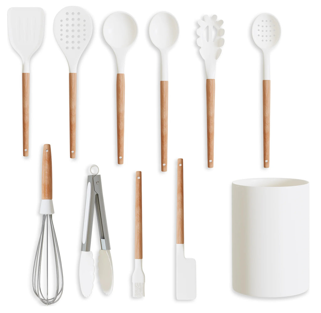 White 11 Pc Silicone Kitchen Utensils Set with Holder X32238