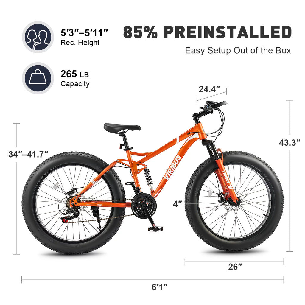 26 Mountain Bike 21 Speed Full Suspension Fat Tire Orange O170176