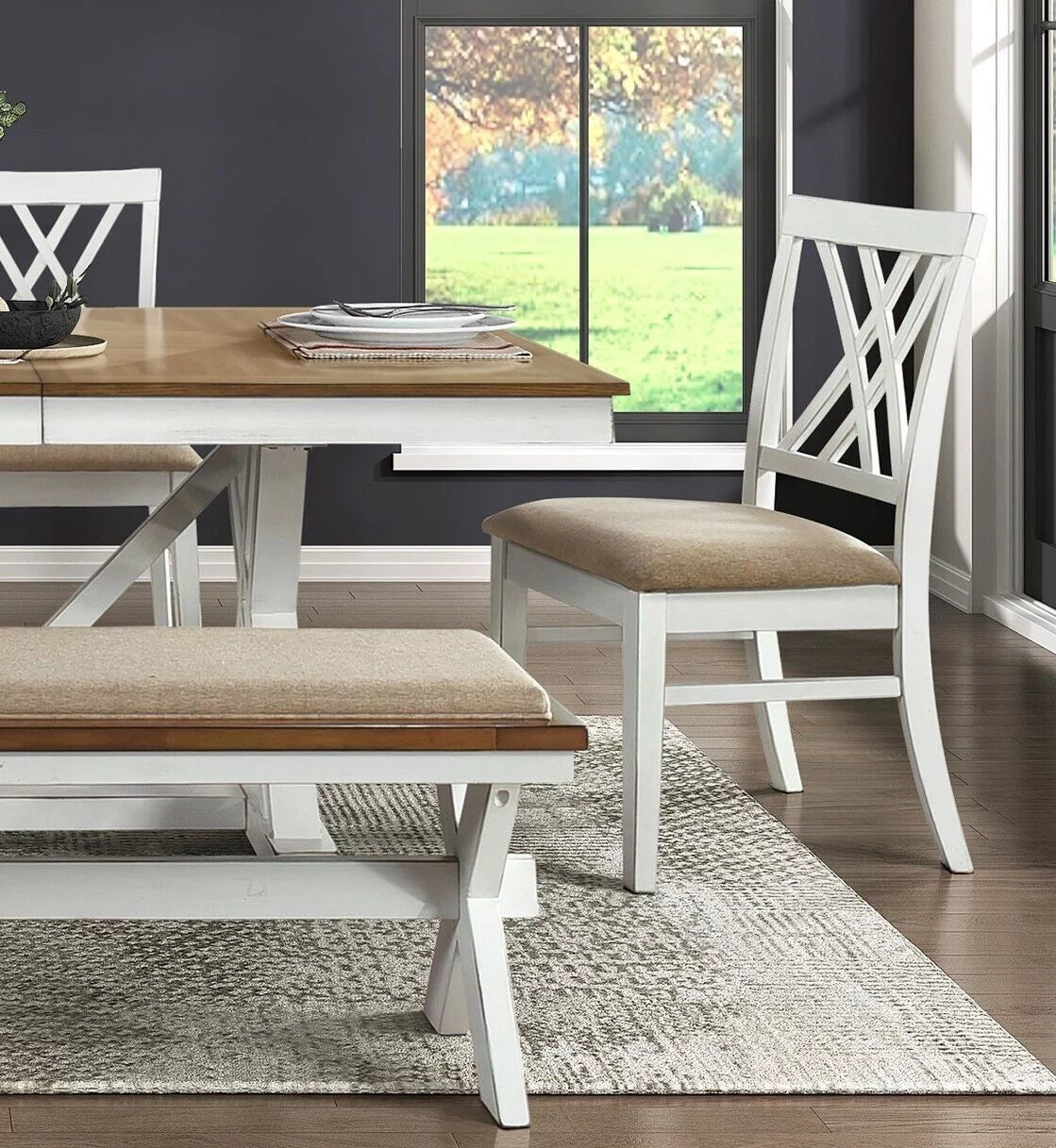 White and Oak 6pc Dining Set with Extension Leaf Bench and 4 Side Chairs C55979