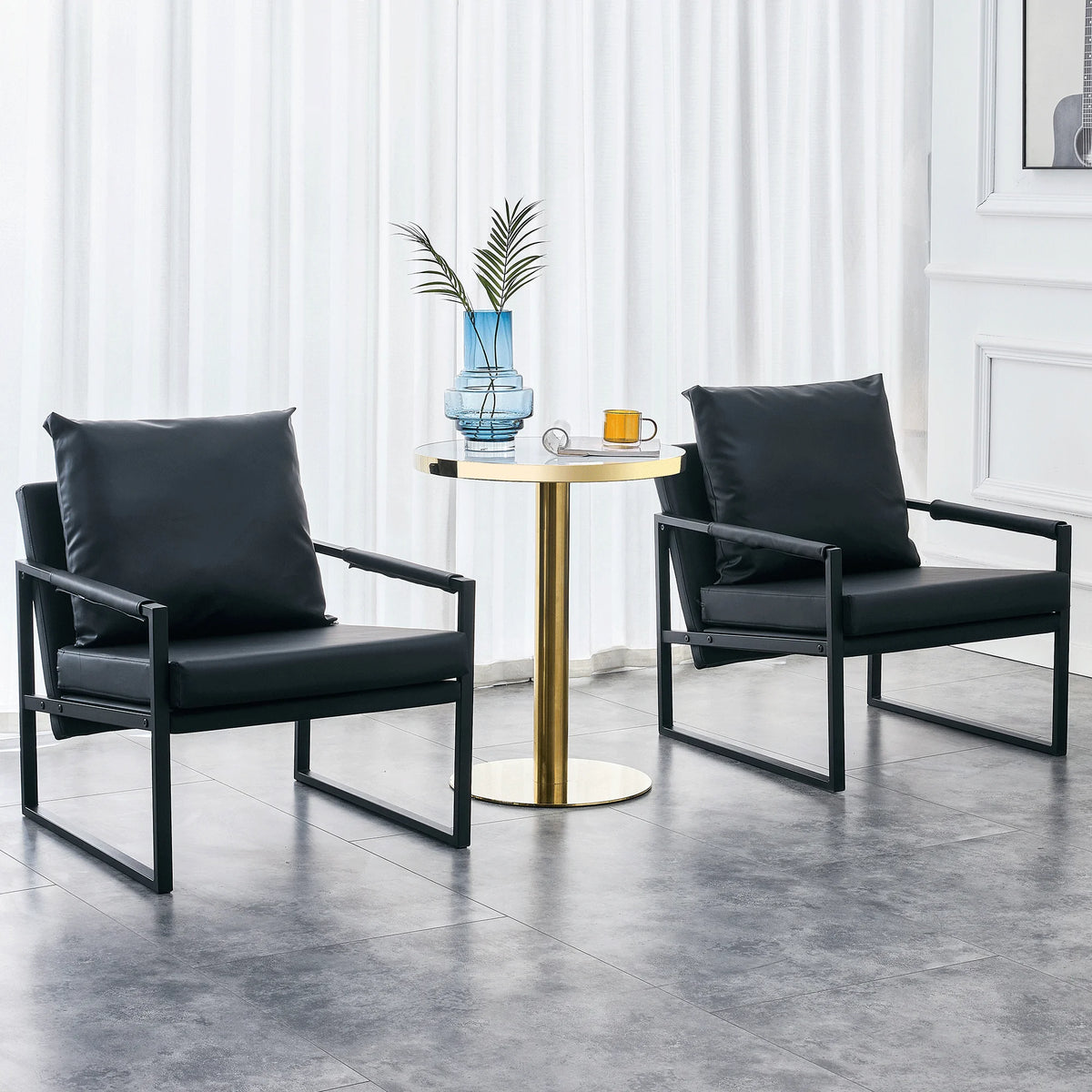 Black PU Leather Accent Chair Set of 2 with Metal Frame Z897