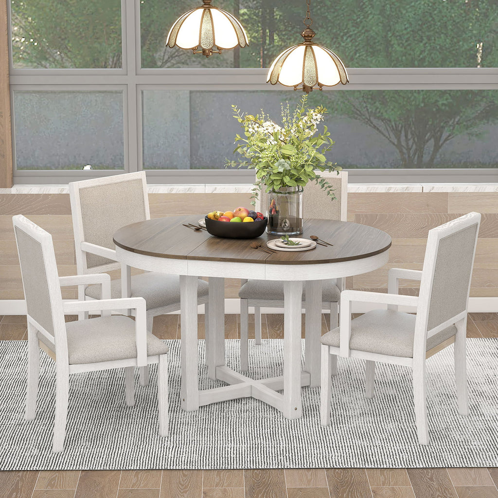 5 Piece Round Extendable Wood Dining Table Set with 4 Upholstered Chairs S4032