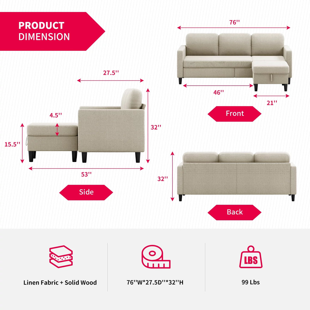 Beige Linen Sectional Sofa with Storage Ottoman Y717844