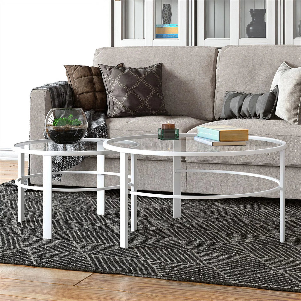 2 Piece Nested Metal & Glass Coffee Table in White Q54492