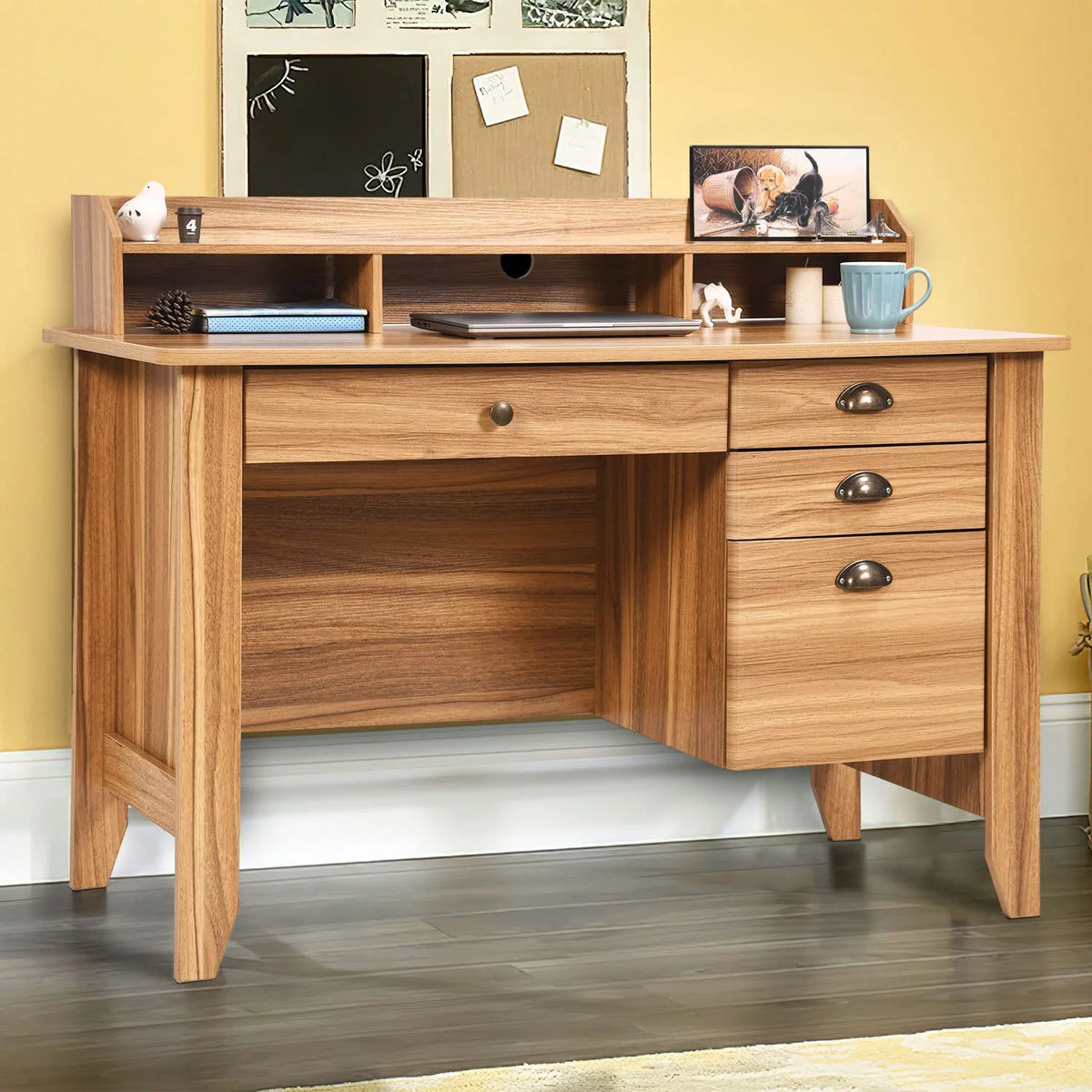 White Oak Computer Desk with Drawers and Hutch Shelf L7422