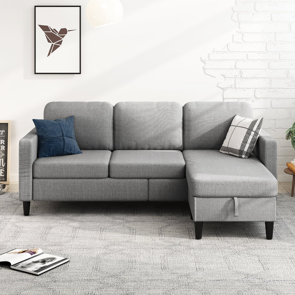 Beige Linen Sectional Sofa with Storage Ottoman Y717844