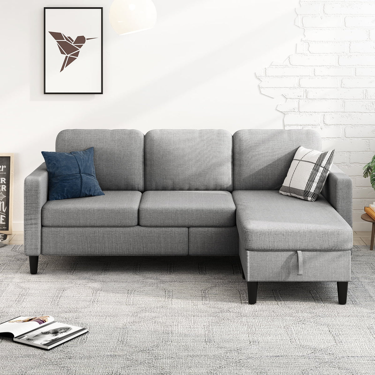 Beige Linen Sectional Sofa with Storage Ottoman Y717844