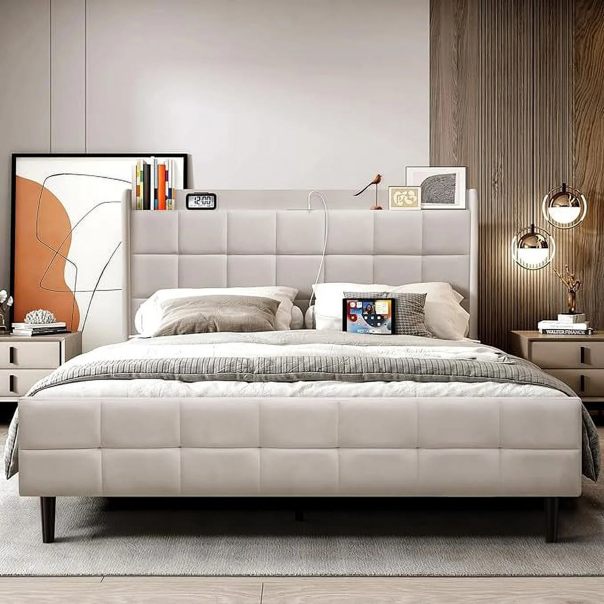 Upholstered Platform Bed Frame with Storage Headboard, Wood Slat Support, Full/Queen Size Beige J925