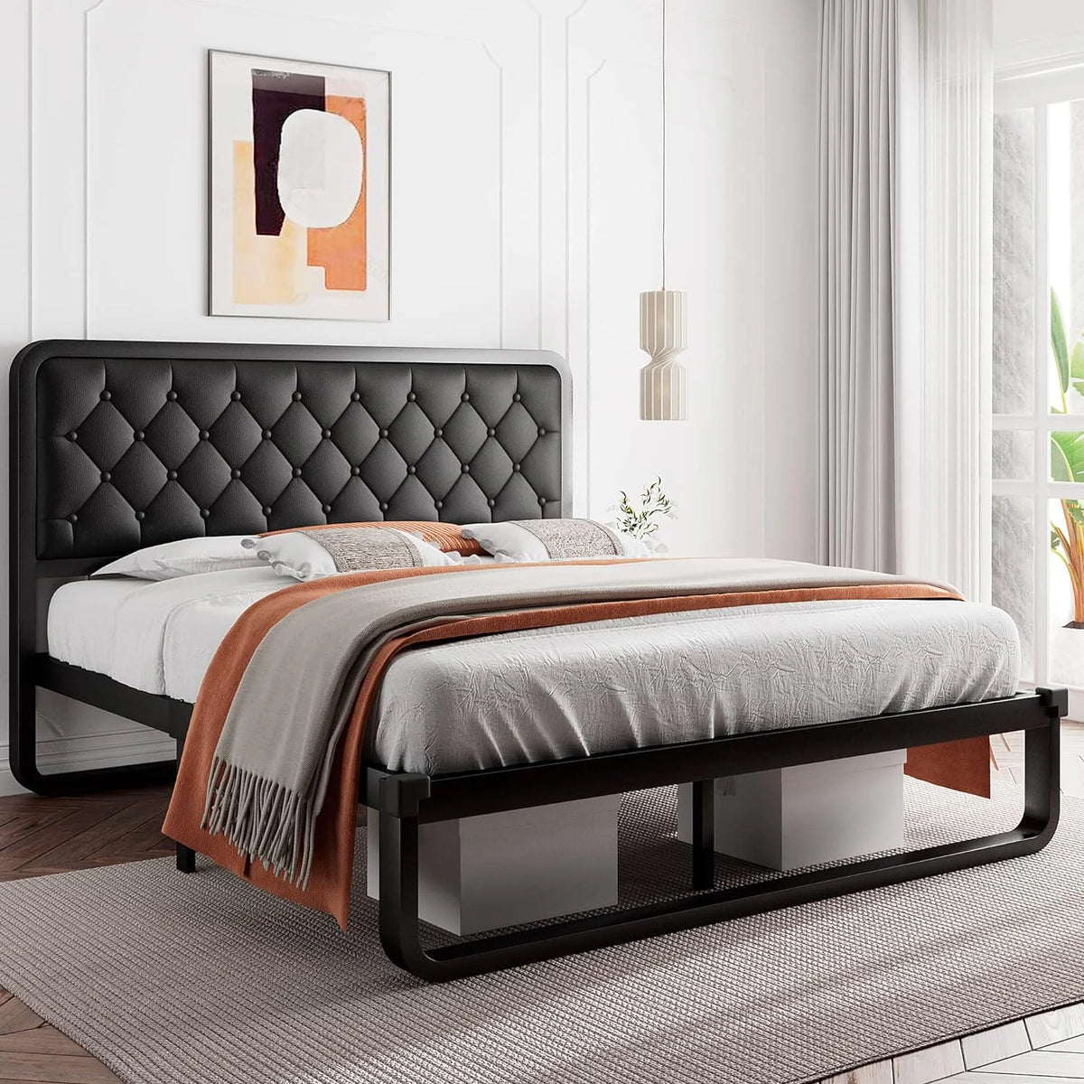 Black Metal Bed Frame with Faux Leather Headboard K12150