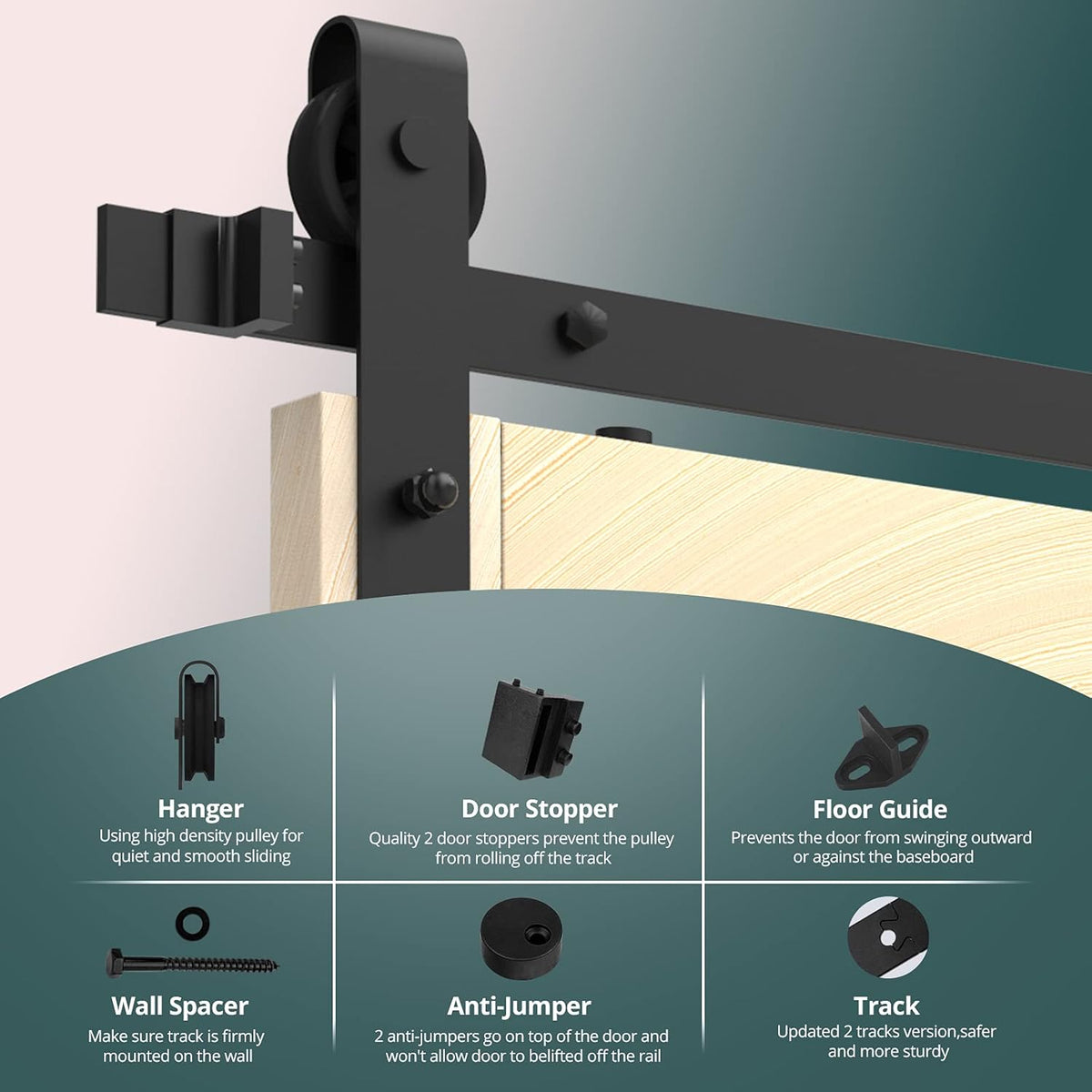 8FT Heavy Duty Sliding Door Hardware with 12 Handle & Floor Guide K971195