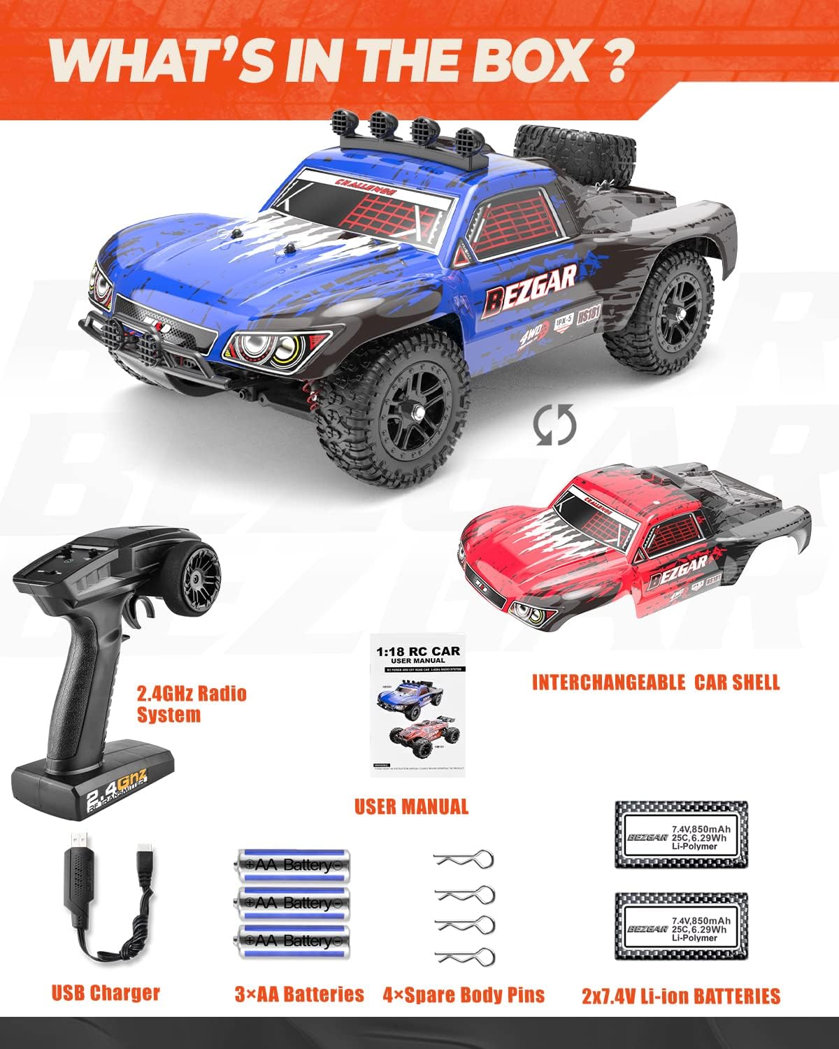 1:10 Scale 4WD Remote Control Monster Truck with 2 Rechargeable Batteries O384