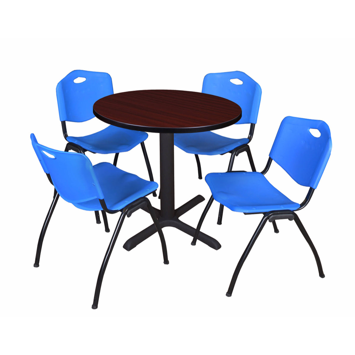 30x22 Round Breakroom Table Mahogany 4 Stack Chairs Blue B3856