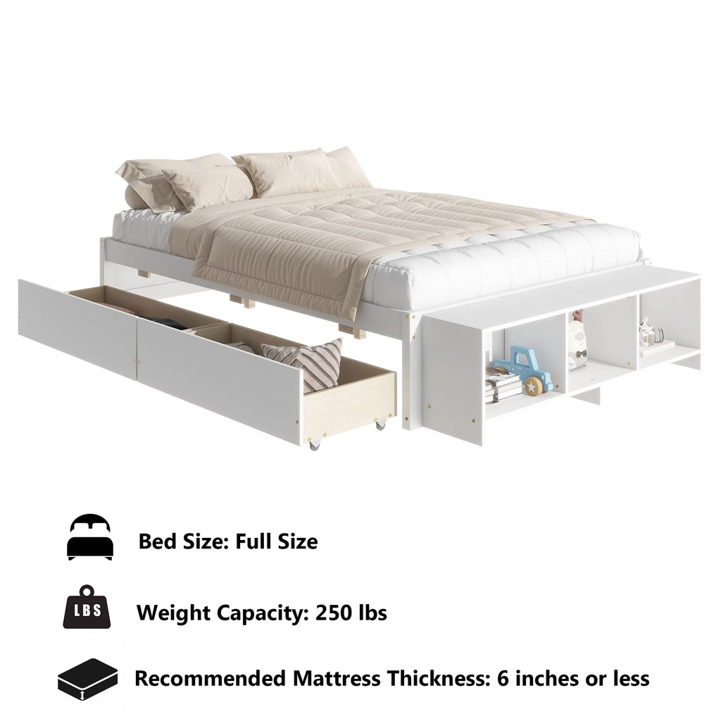 White Full Size Platform Bed with Storage Shelves and Drawer Z247