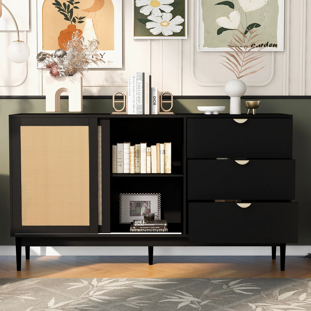 Black 3 Drawer Rattan Accent Cabinet D14014